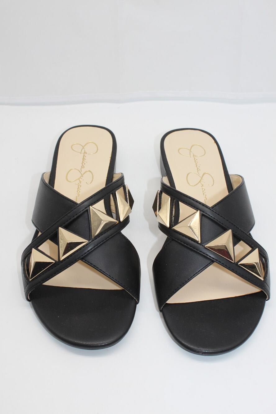NWT Jessica Simpson Black Gold Pyramid Studs Mule Slip On Stylish Summer Sandals